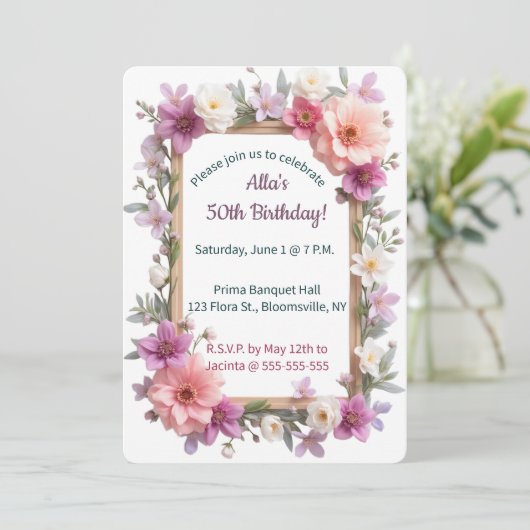 Editable Pastel Flowers and Leaves Frame 招待状 (スタンド正面)