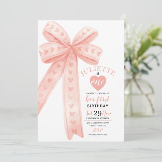 Editable Peach Bow First Girl Birthday Invitation  招待状 (スタンド正面)