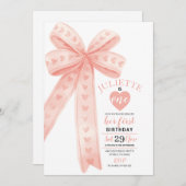 Editable Peach Bow First Girl Birthday Invitation  招待状 (正面/裏面)