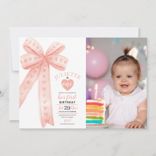Editable Peach Bow First Girl Birthday Photo  招待状 (正面)