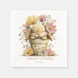 Editable Peach Gingham Bunny 1st Birthday Decor, スタンダードカクテルナプキン