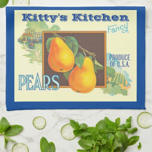 Editable Pears Vintage Fruit Crate Art キッチンタオル (折り畳み)