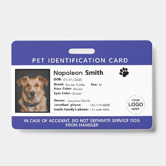 Editable Pet ID Card ,Navy White Service Dog Logo バッジ (Front)
