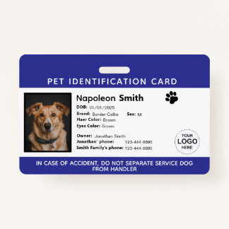 Editable Pet ID Card ,Navy White Service Dog Logo バッジ