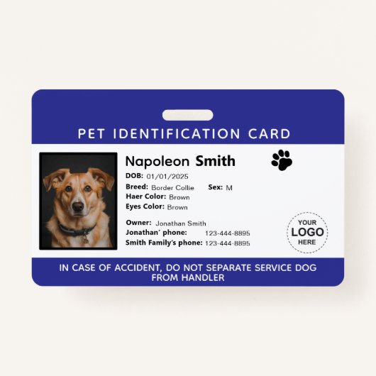 Editable Pet ID Card ,Navy White Service Dog Logo バッジ (正面)