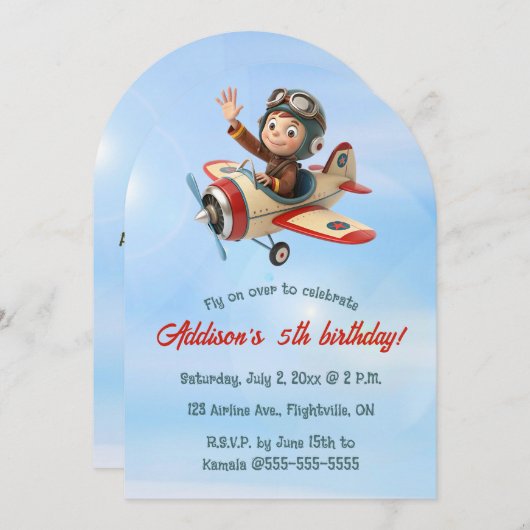 Editable Pilot and Plane Birthday 招待状 (正面/裏面)