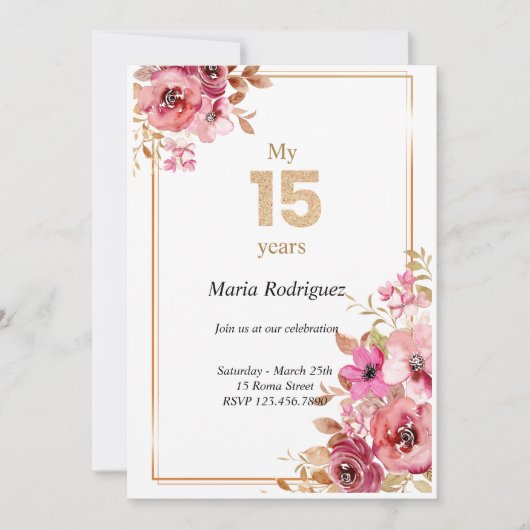 Editable Pink and Gold Quinceañera Invitation 招待状 (正面)