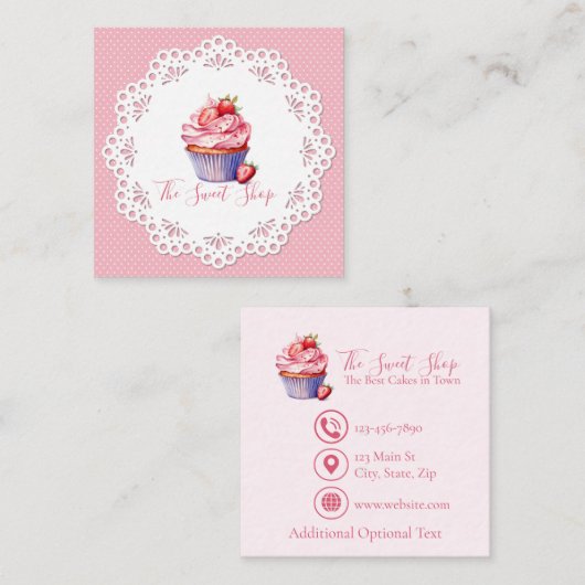 Editable Pink Bakery Business Card | 2.5" Square コーリングカード (正面/裏面)