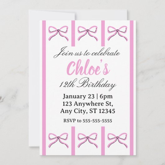 Editable pink bow birthday invite 招待状 (正面)