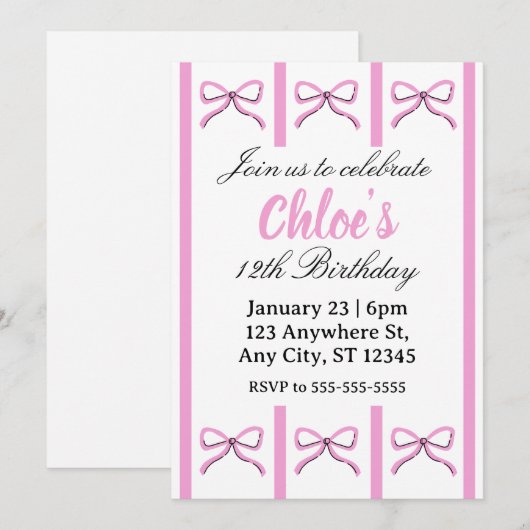 Editable pink bow birthday invite 招待状 (正面/裏面)