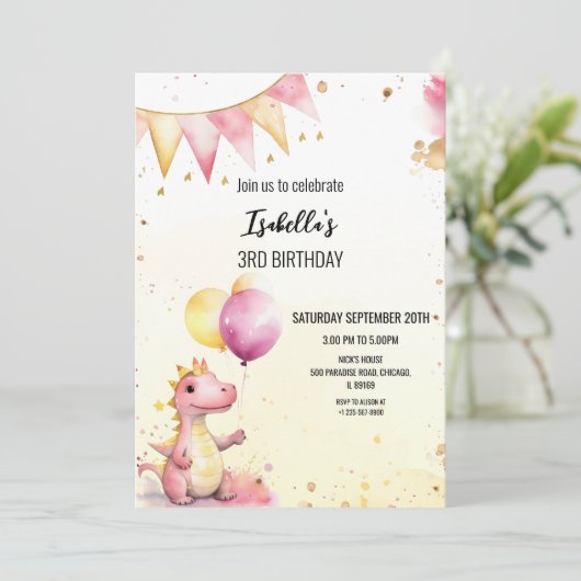 Editable Pink Dragon Birthday Invitation 招待状 (スタンド正面)