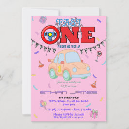 Editable pink Racing Car Boy 1st Birthday Invitati 招待状