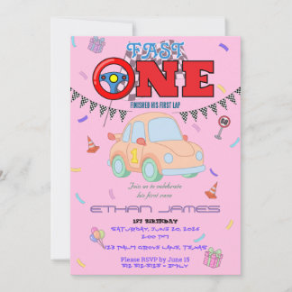 Editable pink Racing Car Boy 1st Birthday Invitati 招待状
