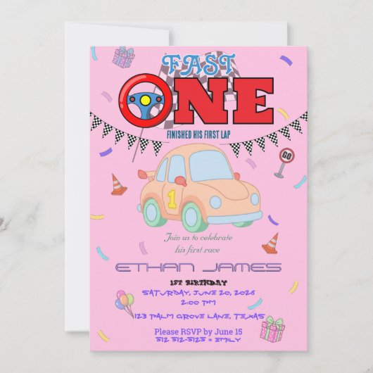 Editable pink Racing Car Boy 1st Birthday Invitati 招待状 (正面)