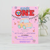 Editable pink Racing Car Boy 1st Birthday Invitati 招待状 (スタンド正面)