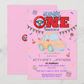 Editable pink Racing Car Boy 1st Birthday Invitati 招待状 (正面/裏面)