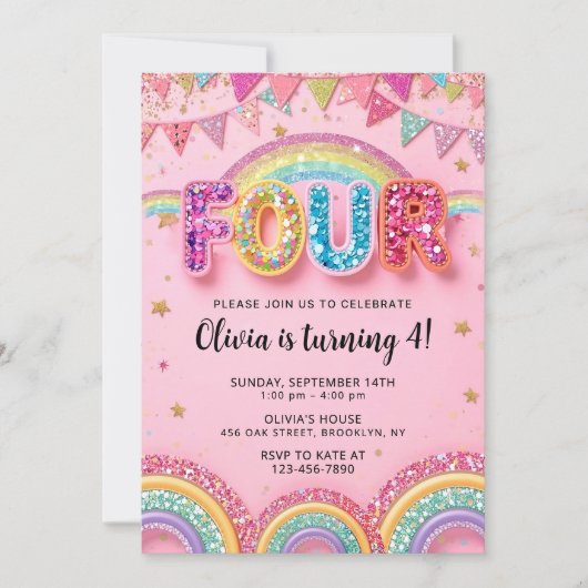 Editable Pink Rainbow Sequin 4th Birthday Invitati 招待状 (正面)