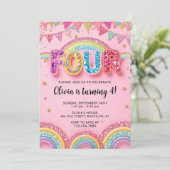 Editable Pink Rainbow Sequin 4th Birthday Invitati 招待状 (スタンド正面)