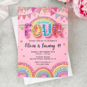 Editable Pink Rainbow Sequin 4th Birthday Invitati 招待状