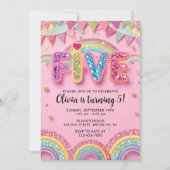 Editable Pink Rainbow Sequin 5th Birthday Invitati 招待状 (正面)