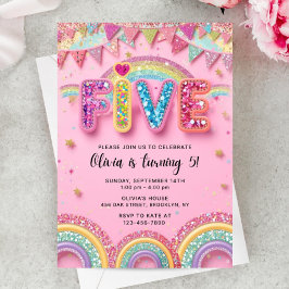 Editable Pink Rainbow Sequin 5th Birthday Invitati 招待状