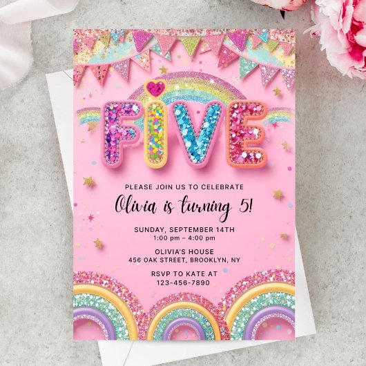 Editable Pink Rainbow Sequin 5th Birthday Invitati 招待状
