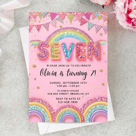 Editable Pink Rainbow Sequin 7th Birthday Invitati 招待状