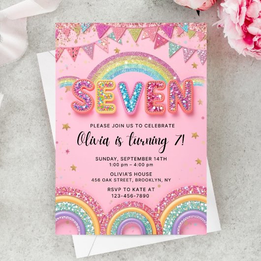 Editable Pink Rainbow Sequin 7th Birthday Invitati 招待状