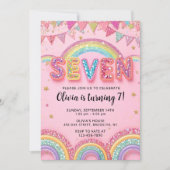 Editable Pink Rainbow Sequin 7th Birthday Invitati 招待状 (正面)