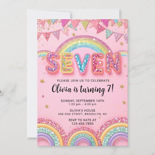 Editable Pink Rainbow Sequin 7th Birthday Invitati 招待状 (正面)