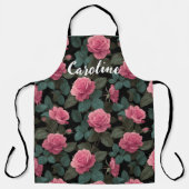 Editable Pink Roses on Black Floral Pattern Custom エプロン (正面)