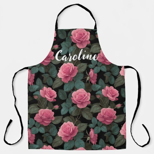 Editable Pink Roses on Black Floral Pattern Custom エプロン (正面)