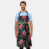 Editable Pink Roses on Black Floral Pattern Custom エプロン (着用した状態)