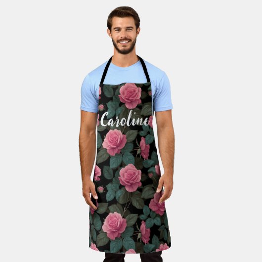 Editable Pink Roses on Black Floral Pattern Custom エプロン (着用した状態)
