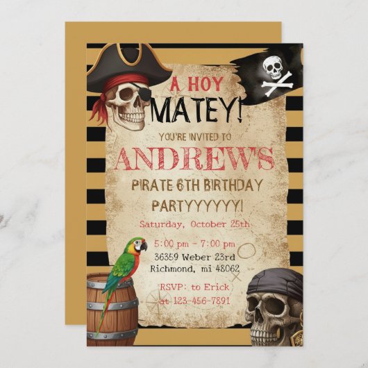 Editable Pirate Party Template Invitation 招待状 (正面/裏面)