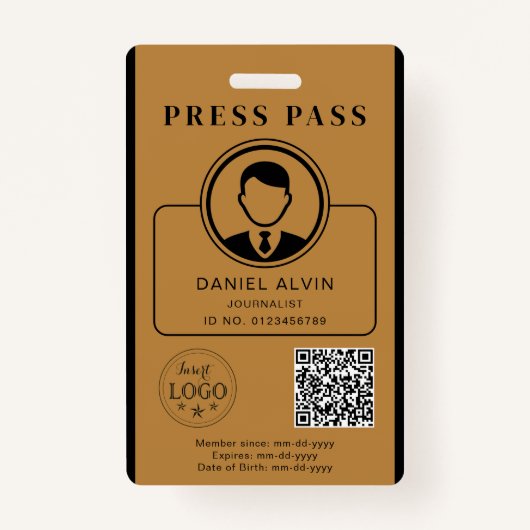 Editable Press Pass Layout Photo ID Plus QR Code バッジ (正面)