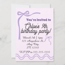 Editable purple bow birthday invitation