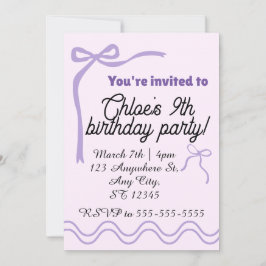 Editable purple bow birthday invitation 招待状