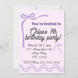 Editable purple bow birthday invitation 招待状