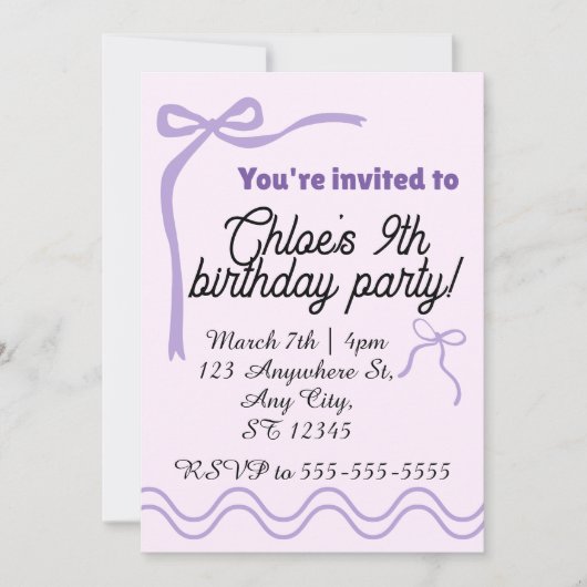 Editable purple bow birthday invitation 招待状 (正面)