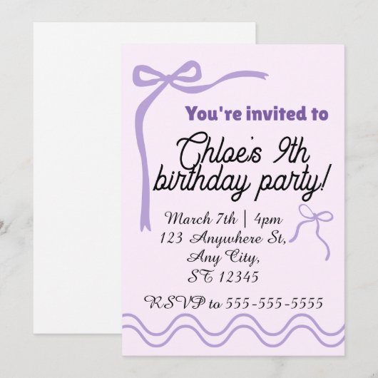 Editable purple bow birthday invitation 招待状 (正面/裏面)