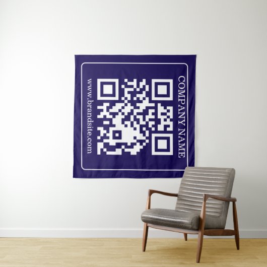 Editable QR Code Navy Blue Modern Branding Display タペストリー (インサイチュ(横))