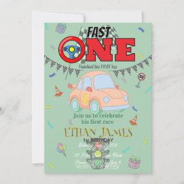 Editable Racing Boy 1st Birthday green Invitation 招待状