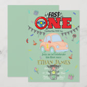 Editable Racing Boy 1st Birthday green Invitation 招待状 (正面/裏面)