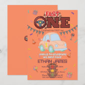Editable Racing Boy 1st Birthday orange Invitation 招待状 (正面/裏面)