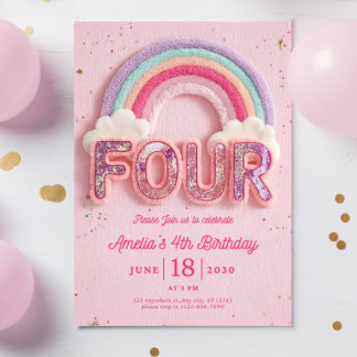 Editable Rainbow Fourth Birthday Invitation, Pink  招待状