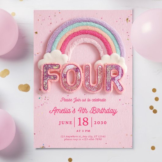 Editable Rainbow Fourth Birthday Invitation, Pink  招待状