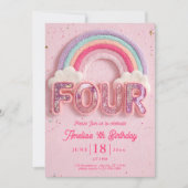 Editable Rainbow Fourth Birthday Invitation, Pink  招待状 (正面)