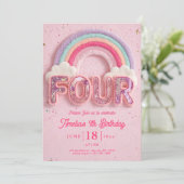 Editable Rainbow Fourth Birthday Invitation, Pink  招待状 (スタンド正面)