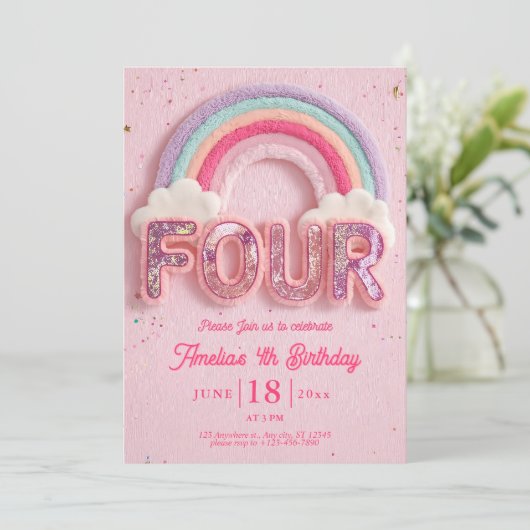 Editable Rainbow Fourth Birthday Invitation, Pink  招待状 (スタンド正面)